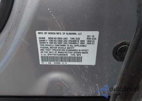 2018 Honda Pilot Ex-L z USA, uszkodzony, nr VIN 5FNYF6H76JB035649